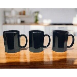 Vintage Black Glass Arcoroc Octime France Octagon Coffee Mugs Cups 8oz Set Of 3
